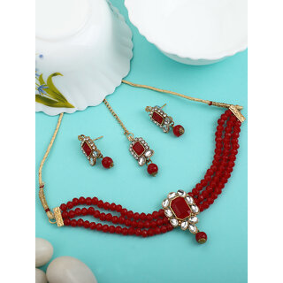Designer Maroon Crystal Kundan Choker 4pc Jewellery set view 2