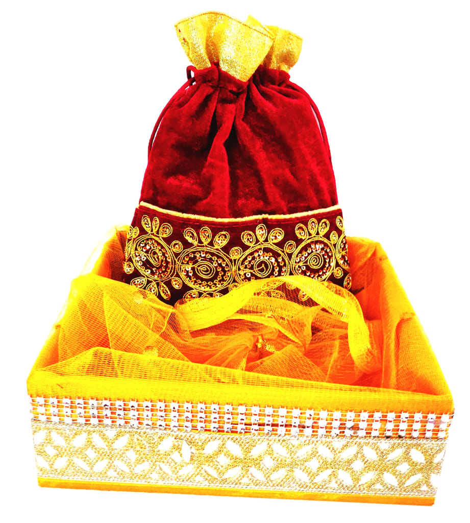 Omkar by R3 Inc. Royal Gift Basket & Shagun Potli Combo pack for Gifts Hampers | Fancy Gifting | Wedding Gifting|Shagun|Return Gift (Pack of 2 / Large) Shagun Potli & Square Basket - Multi Color view 2