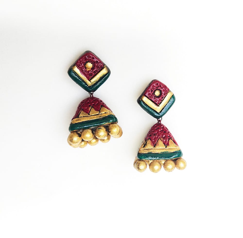 Maroon and Green Terracotta Necklace Set with Jhumkas view 2