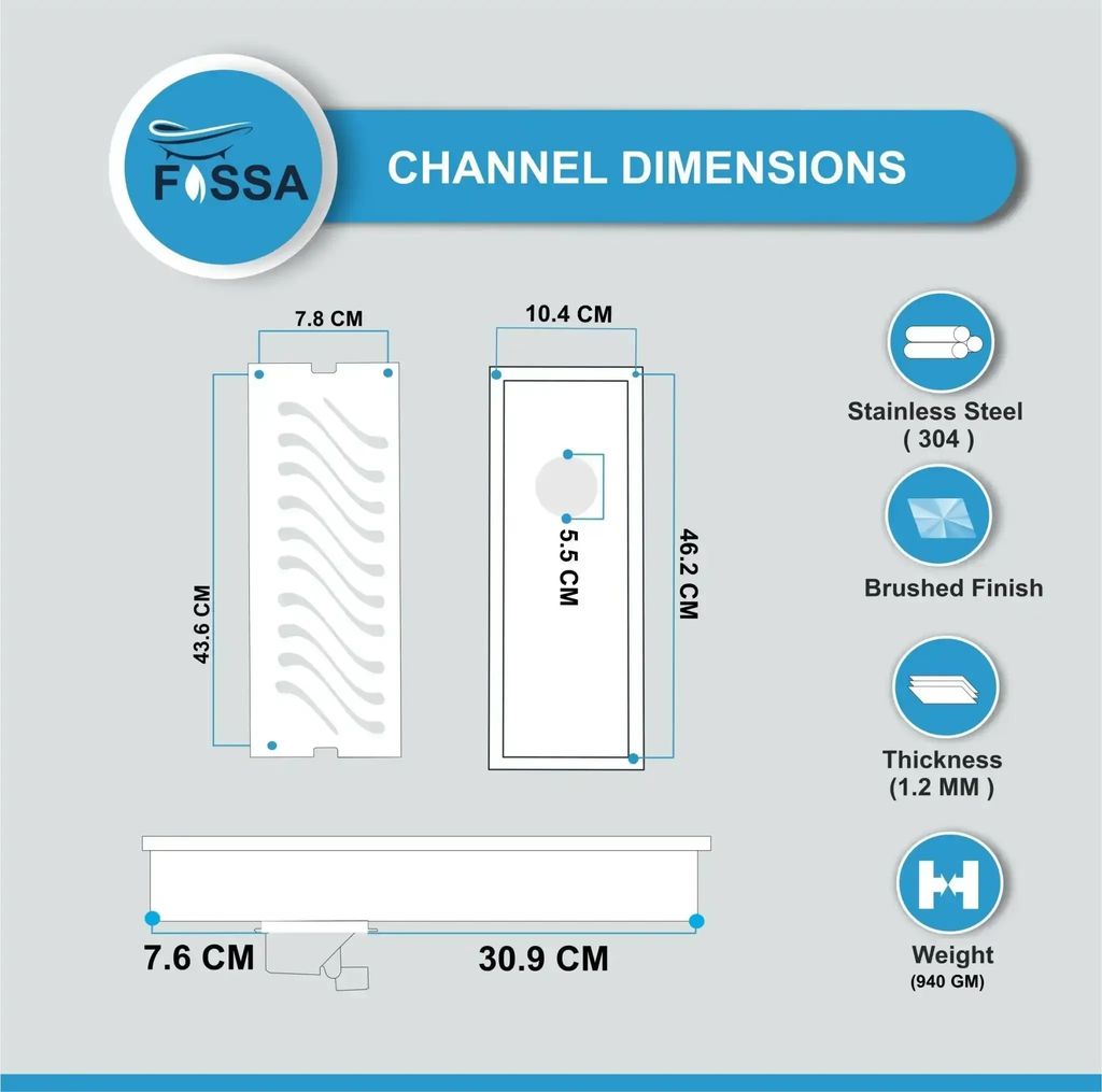 Wave (18x 4 Inches) 304 Grade Brushed Shower Drain Channel Floor Drain view 2