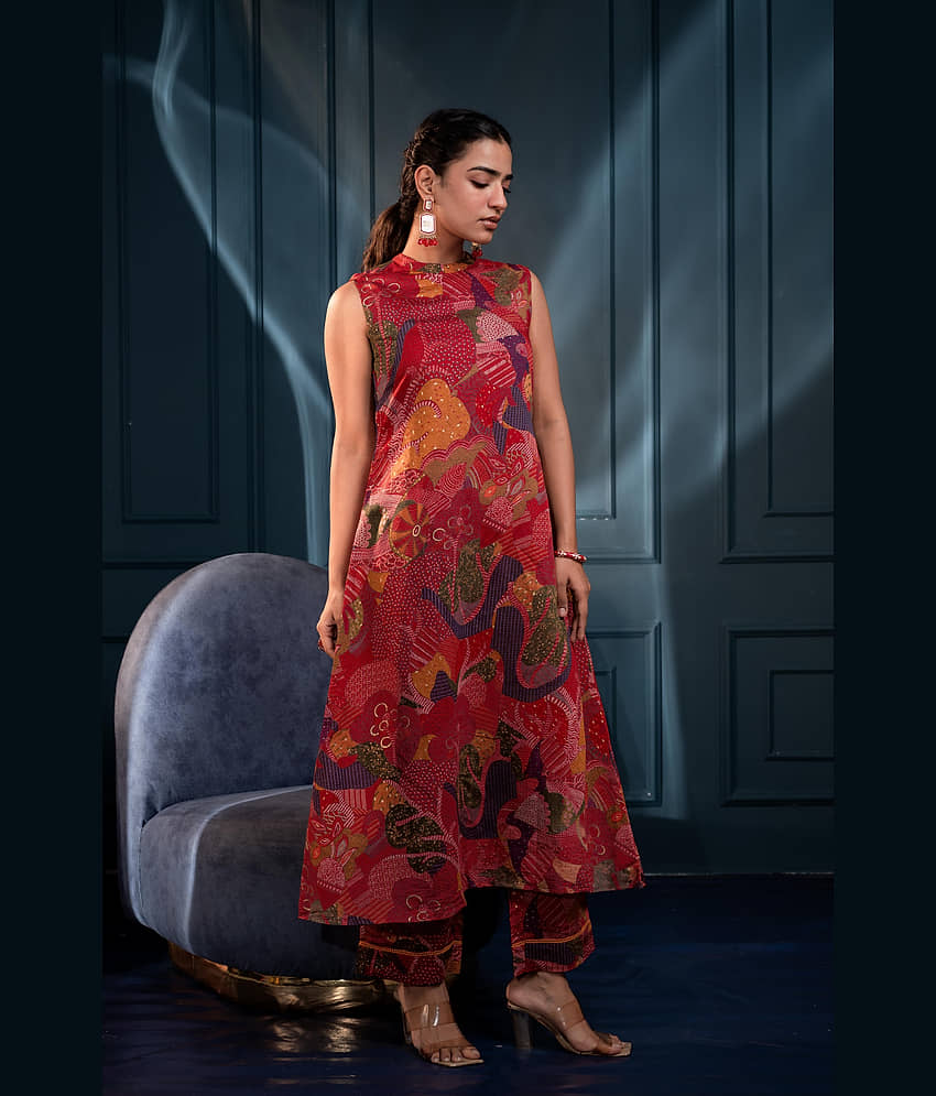 Juniper Women Printed Tunic With Trousers Co-Ord Set ( Red ) view 2