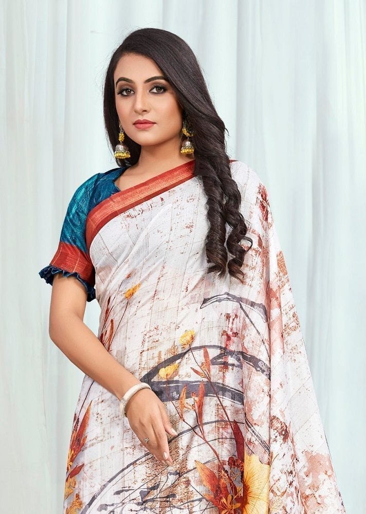 Digital Printed Cotton Silk Saree in Off White and Multicolor view 2