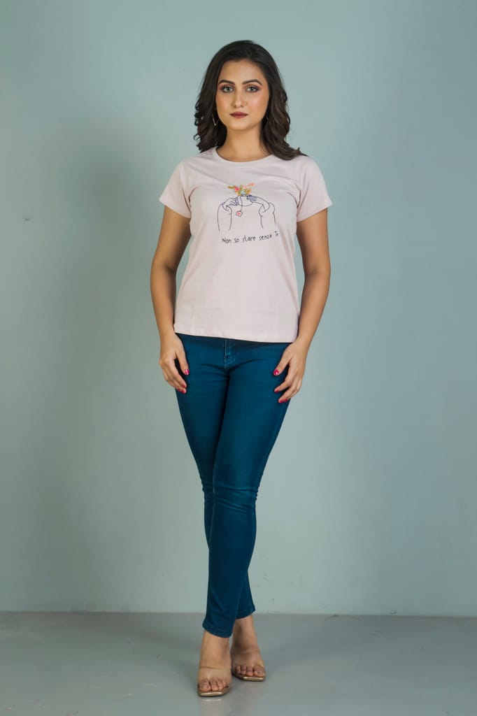 Light choco cream coloured hand embroidered Women’s cotton t shirt. view 2