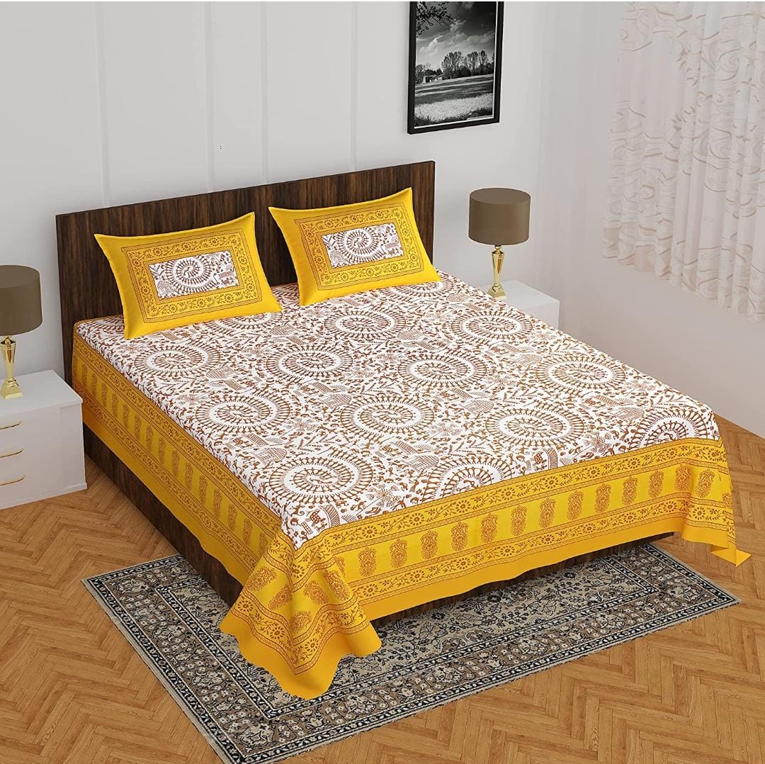 Lali Prints Jaipuri Yellow Printed Cotton 130 TC Queen Bedsheet with 2 Pillow Covers view 2