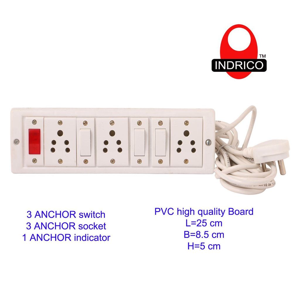 INDRICO Power Strip Extension Multi Outlet Board Fitted with 3 Anchor Sockets(5 Amp),3 Anchor Switch(5 Amp),Anchor Indicator and 5 Metre Wire with 6 Amp Plug view 2