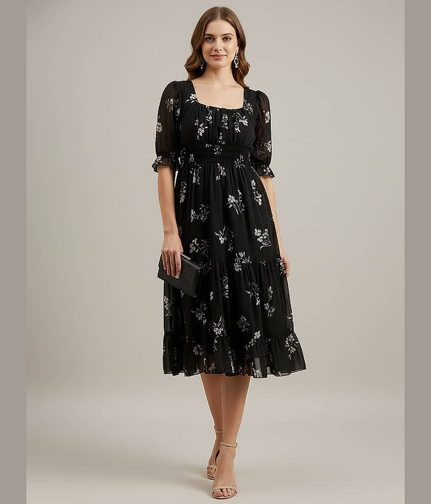 OTABU Women Viscose Rayon Printed Fit & Flare Dress ( Black )