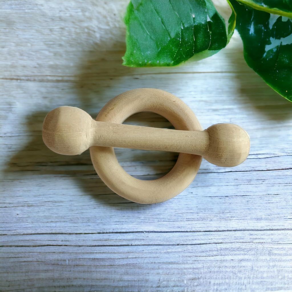 Pain Relieving Neem Wooden Teethers- Dumbbell & Ring Shapes view 2