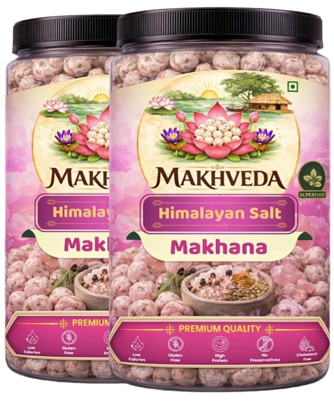 MAKHVEDA - Himalayan Pink Salt Makhana | Roasted Fox Nuts | Popped Lotus Seeds | Healthy Snack | Low Calorie, High Protein, Gluten Free | Light & Crunchy