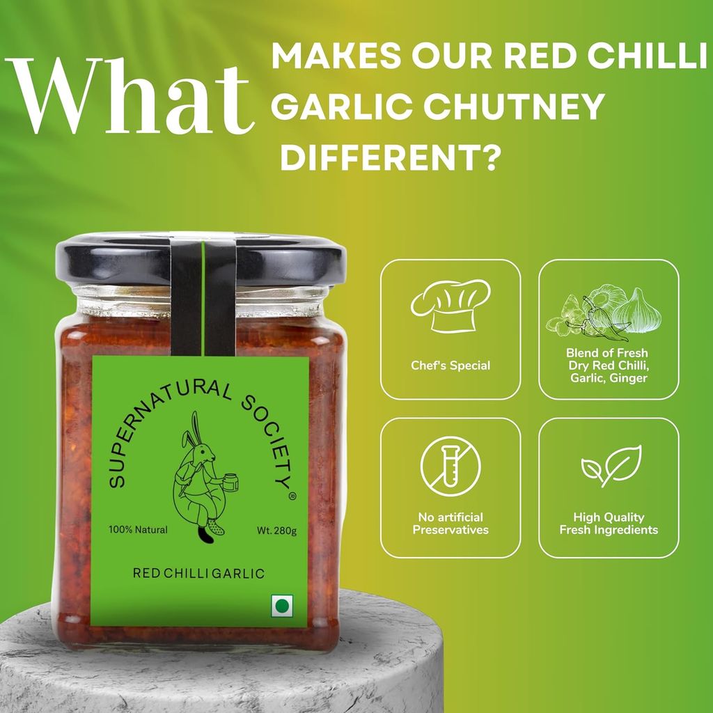 Supernatural Society - Red Chilli Garlic Chutney 280g | Mirch Lahsun Chatni | Hand Made Spicy Sauce | 100% Natural Fiery Flavor with Health Perks view 2