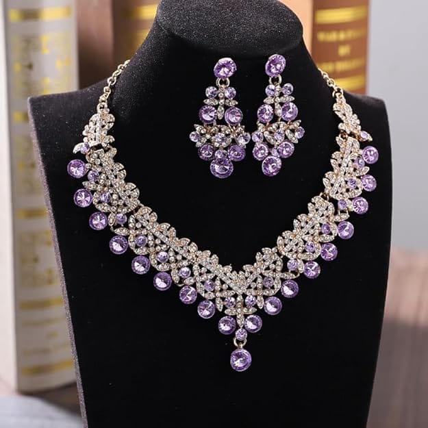 Elegant Gold Plated Purple Rhinestone Necklace & Chandelier Earrings Set view 2