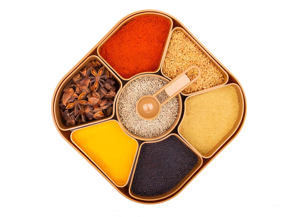 WUGO 7-Piece Plastic Masala Box with Spoons | Kitchen Spice Storage Container Set | Multipurpose Masala Dabba for Salt, Spices, Herbs & Dry Ingredients | Brown Spice Organiser Box (Original) view 2