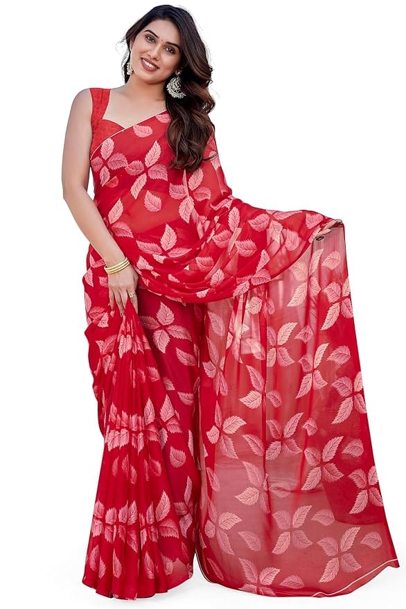 Buy Latest Designer Red Saree With Printed Work For Women At Lowest Price