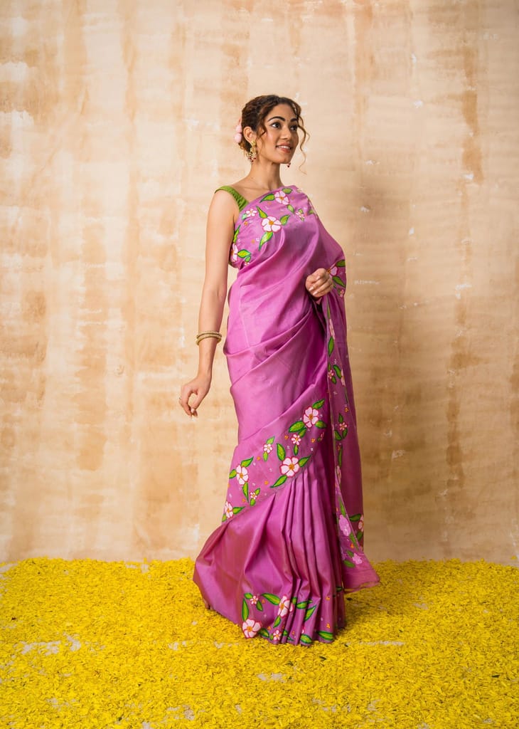 Tea Rose Pink & Green Floral Pattachitra Pure Silk Saree view 2