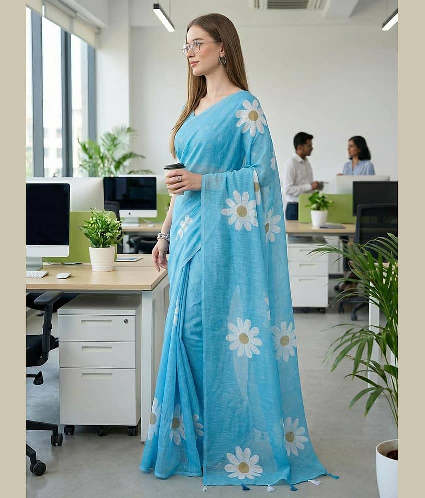 ANAND SAREES Cotton Printed Kasavu Saree With Unstitched Blouse Piece ( BLUE ) view 2