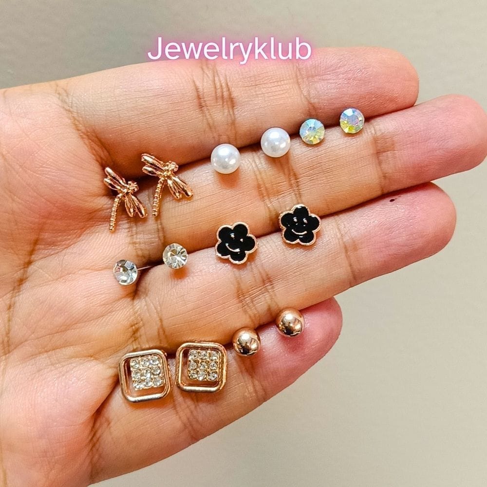 Jewelryklub Combo Set Of 7 Pairs Celebrity Inspired Latest Trendy Stylish Rose Gold Plated Pearl Stud Earrings for Women and Girls (Design 1) view 2