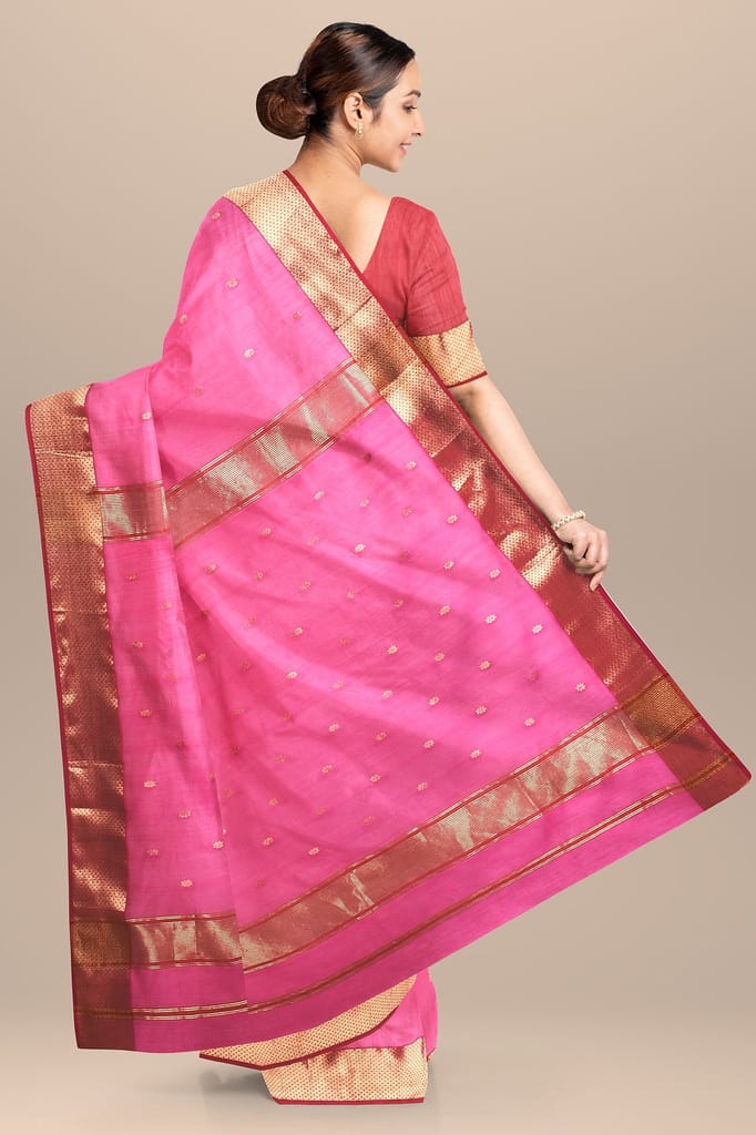 Pink Rui Buti Handwoven Sausar Silk with Zari Border Saree SKU-BS10043 view 2