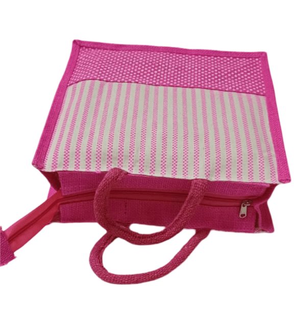 Striped Jute Lunch Bag with Pink Polka Dot Bottom view 2