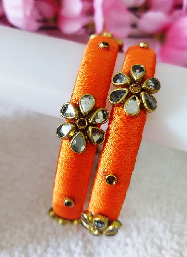 Orange Silk Thread Bangle Set with Kundan Stones view 2