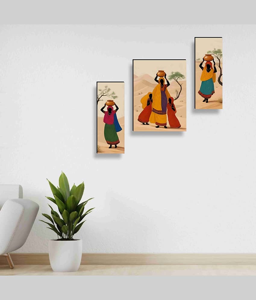 SAF Rajasthani Women Desert Art – 3 Panel Traditional Village Lady Painting with Pots for Ethnic Home & Cultural Décor 12 Inch x 20 Inch view 2