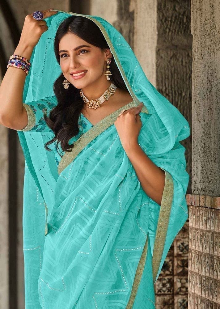 Blue Color Stone Work Brasso Printed Saree With Fancy Border And Fancy Blouse Piece view 2