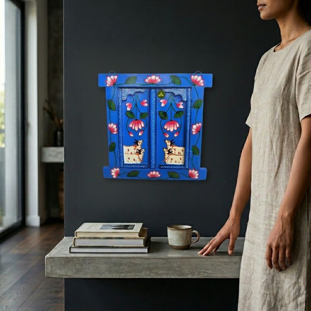 Hand Painted Pichwai Art Wooden Blue Color Jharokha With Door view 2