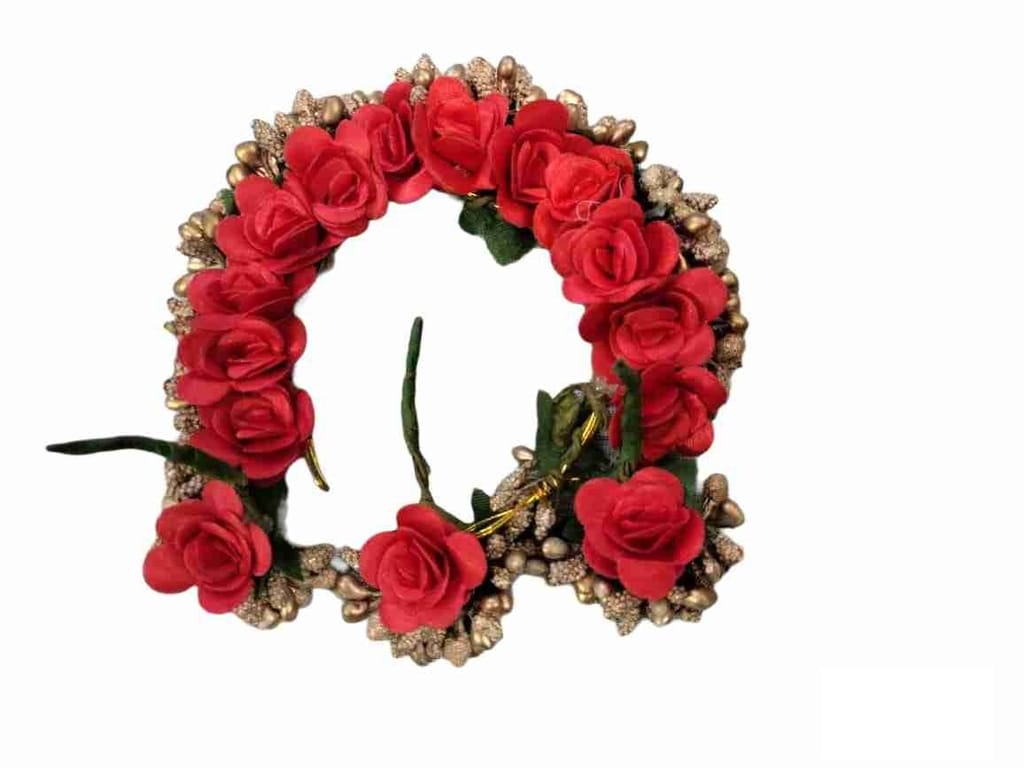 Red Rose Gajra with Golden Beads for Women view 2