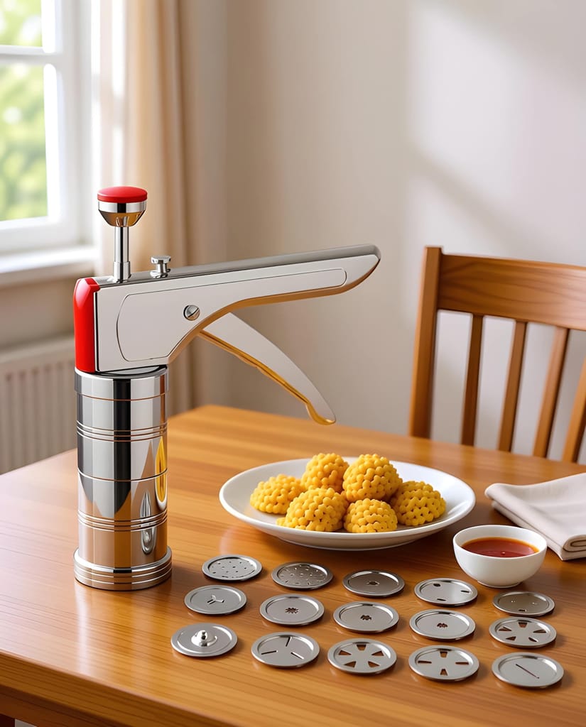 Premium Stainless Steel Sev Sancha Machine | Multipurpose Murukku, Chakli, Bhujia & Snack Maker Press with 15 Interchangeable Jali Discs (Original) view 2