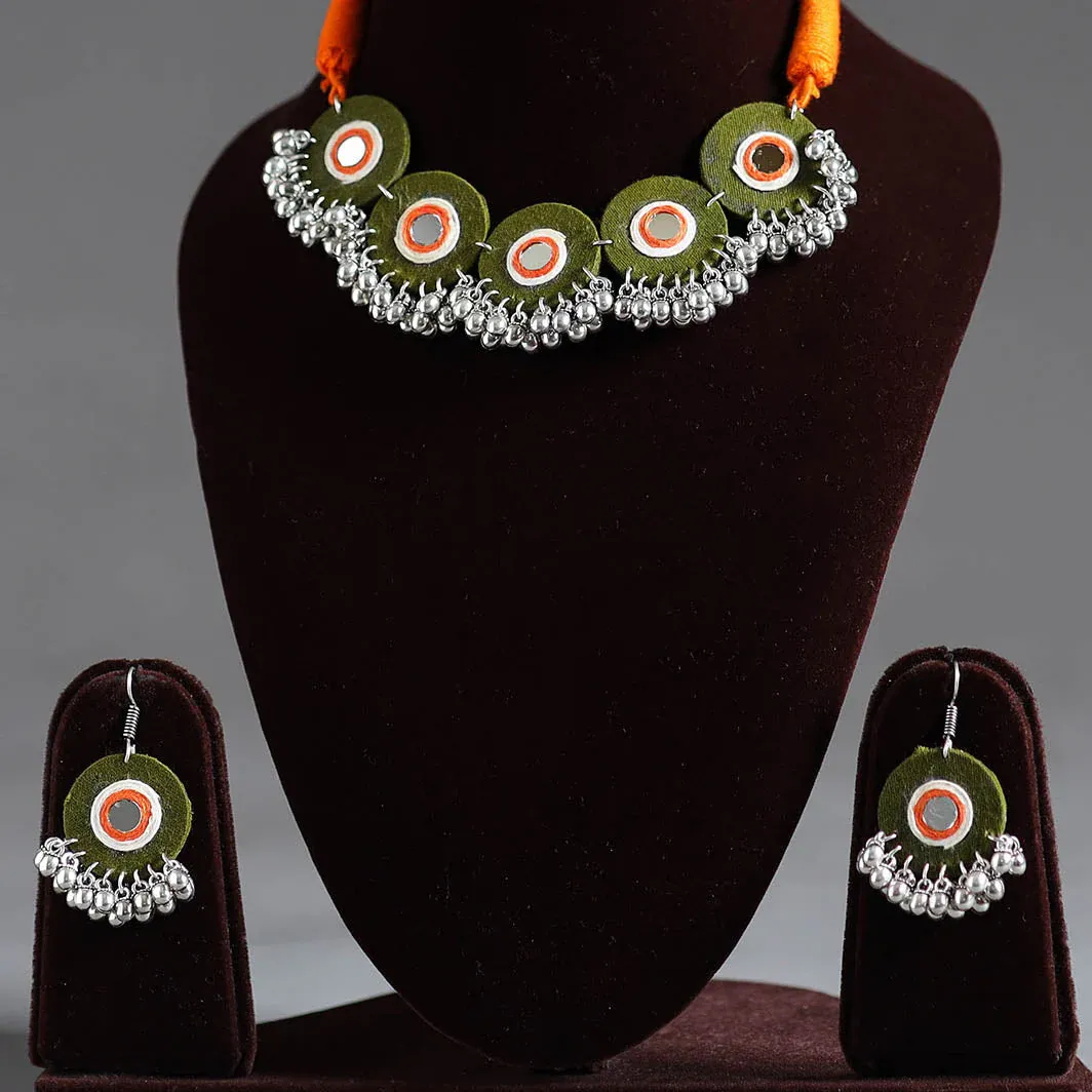 Multicolor Mirror Work German Silver Choker Set view 2