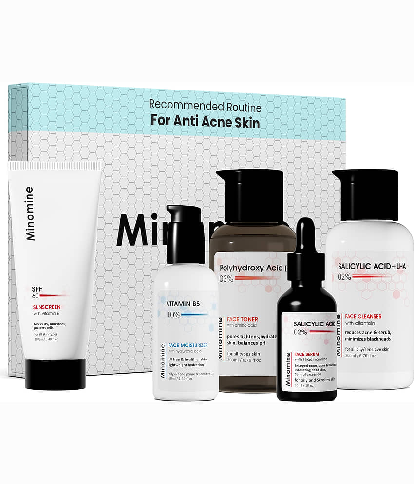 Minomine Anti-Acne Skinkit, Gamechangers Skincare Routine Kit for Unisex | 5 Products Skin Kit | Salicylic Acid FaceWash, Salicylic Acid Serum, Vitamin B5 Moisturizer, PHA Toner & SPF 60 Sunscreen