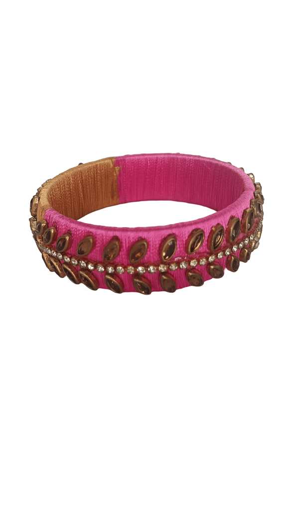 Pink and gold silk thread bangle with kundan stones view 2