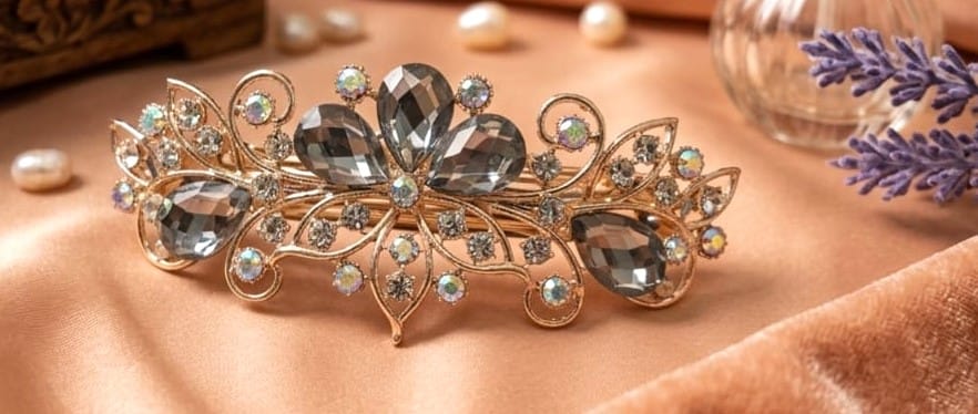 Vintage Crystal Floral Hair Barrette – Silver Tone view 2