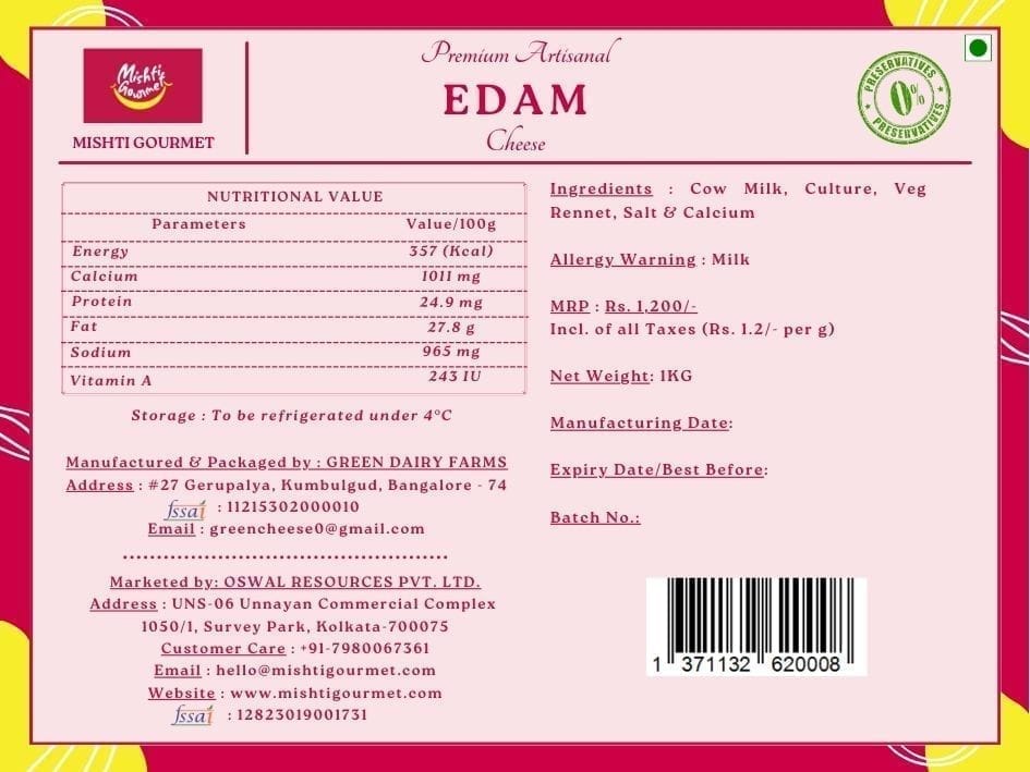 Mishti Gourmet Edam Cheese 1kg view 2
