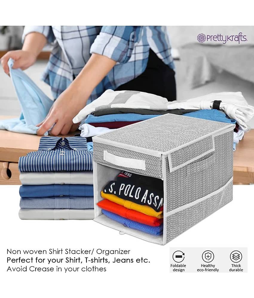 PrettyKrafts Foldable Cloth Shirt Stacker, Cloth Wardrobe Organizer With 1 Removable Drawers,Side Net Pockets,Carrying Handle & Lid For Shirts, Sarees, Clothes, Grey view 2