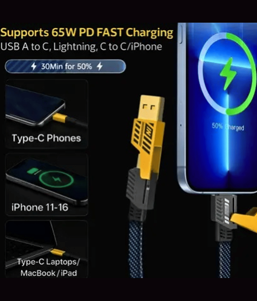 4-in-1 USB C Cable 65W [Fast Charging & Data Sync] Flat Braided Anti-Tangle iPhone Charger Cord with Multi Charging Cable Combo Type C/USB A Ports(1 Pcs) view 2