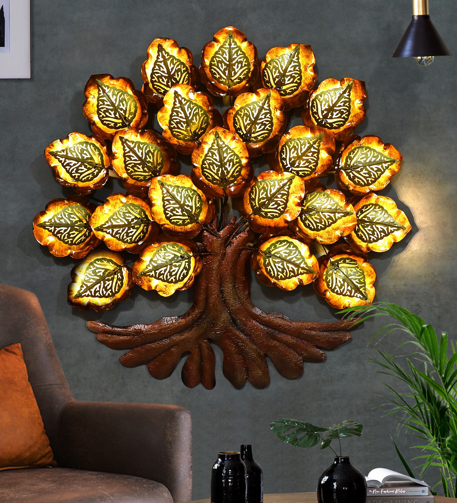 Paan Leaf Tree With Led Light Metal Wall Art For Home Decor