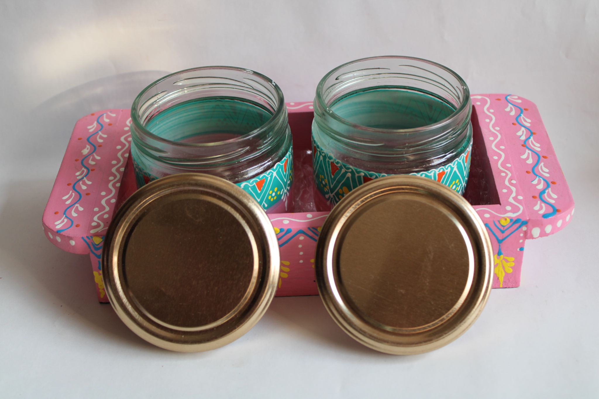 Hand-Painted Wooden Box with Glass Jar and Lid view 2