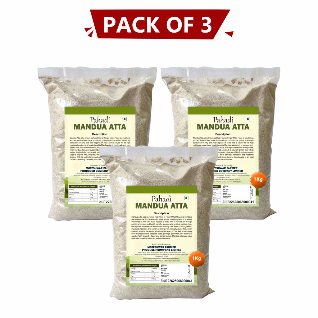Pahadi Mandua Atta 1 kg Pack of 3 by Moteshwar Farmer Producer Company Limited view 2