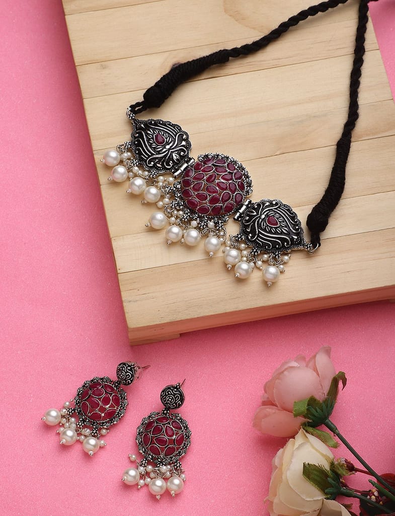 Cardinal Oxdized Silver Color Maroon Color Stone Moti Choker Necklace Set view 2
