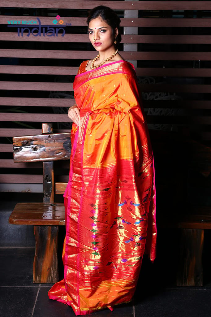 Pure Silk Yeola Handloom Orange Paithani Weave with Peach and Gold Border with Double Pallu view 2