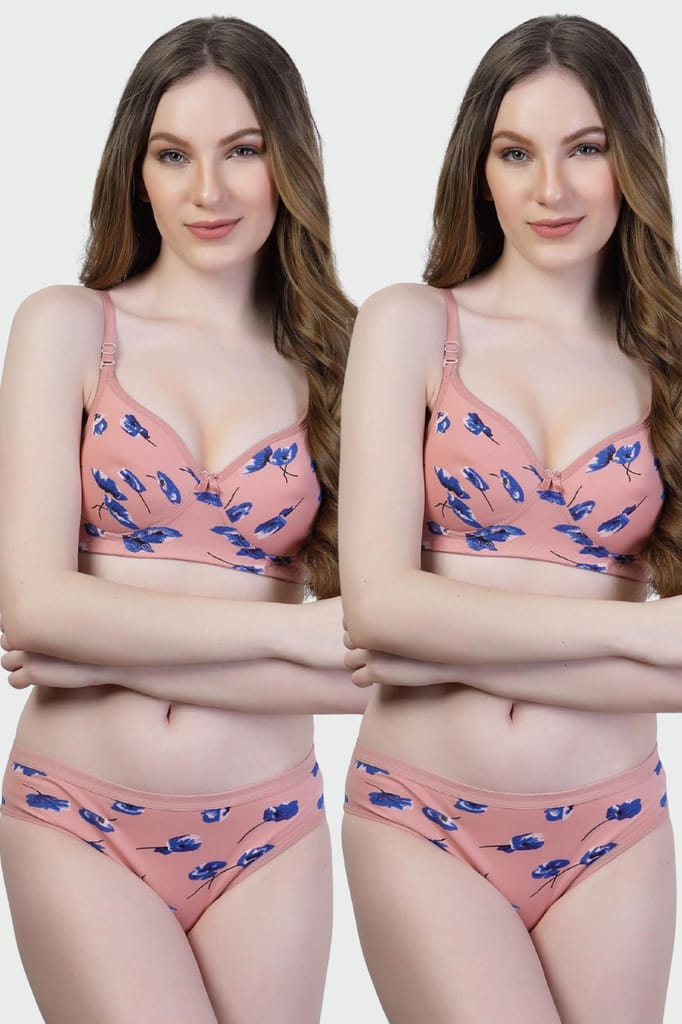 Pack of 2 Floral Print Cotton Bra Panty Set | Women�s Padded Lingerie view 2