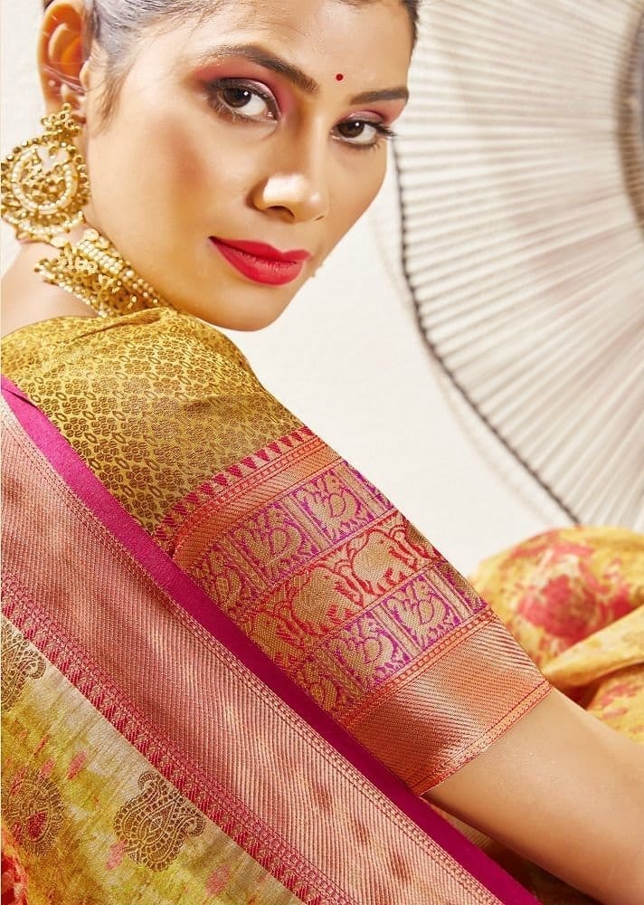Digital Printed Art Silk Saree in Yellow view 2