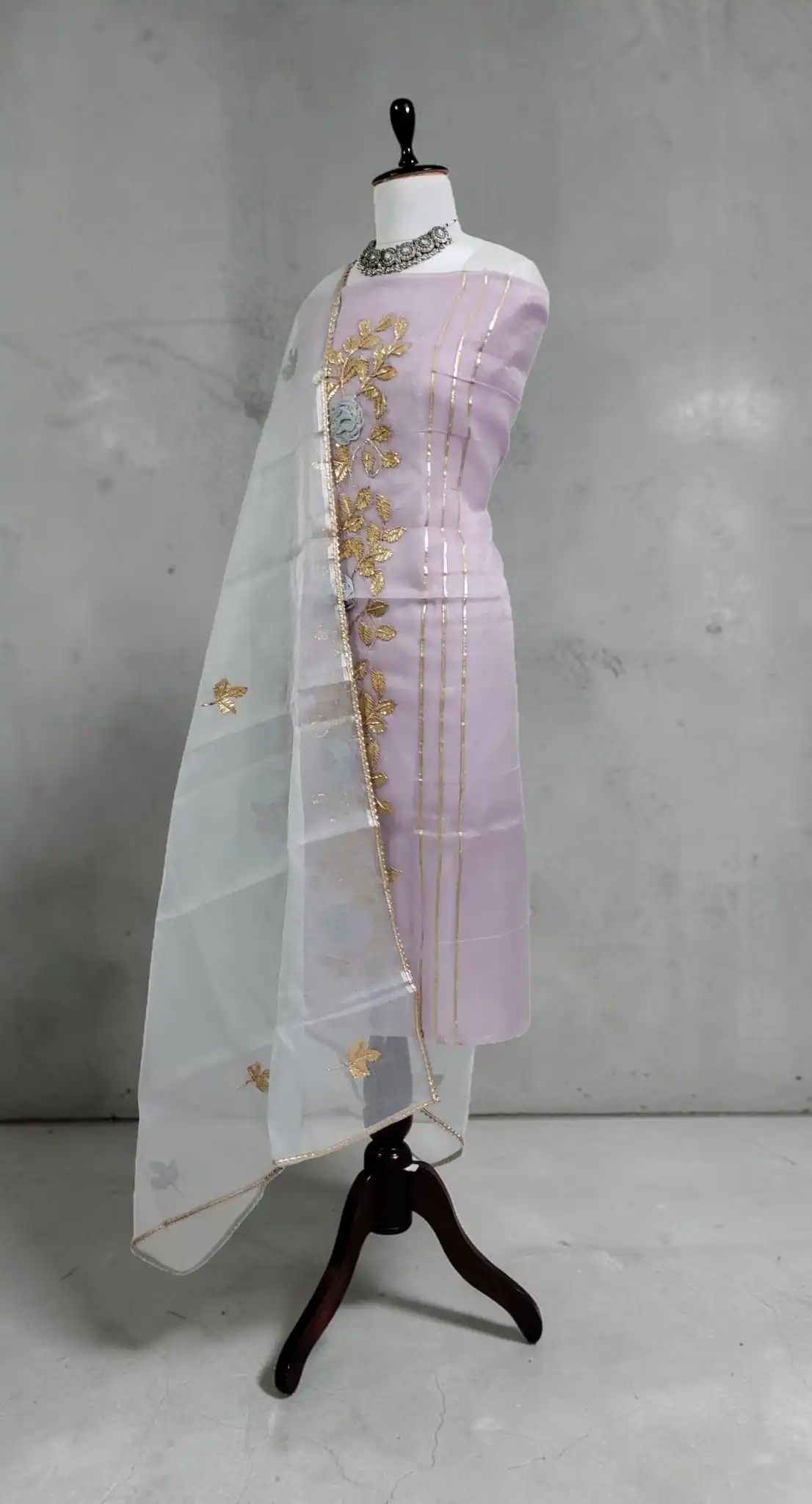 Handwoven Kota Doria Dress Material in Pastel Lilac with Hand Embroidery view 2