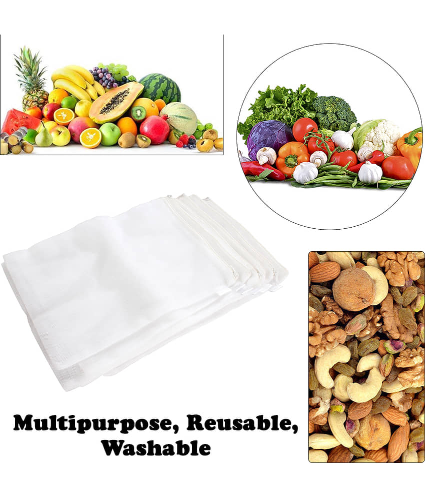 PrettyKrafts mesh Reusable Fridge Storage Bag for Fruits & Vegetables-Set of 6 (Double Layered Mesh)- White view 2