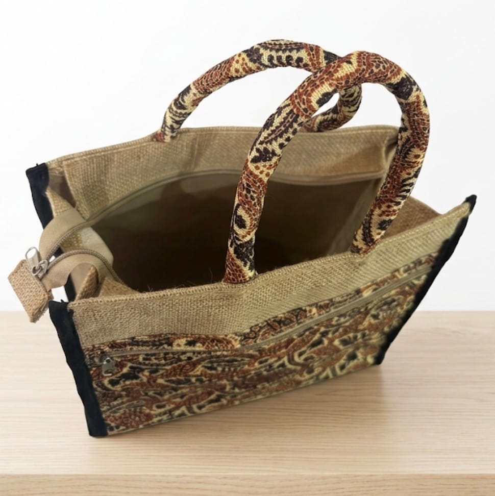 Natural Jute Tote Bag with Brown Paisley Design, Zippered Pocket and Inner Lining view 2