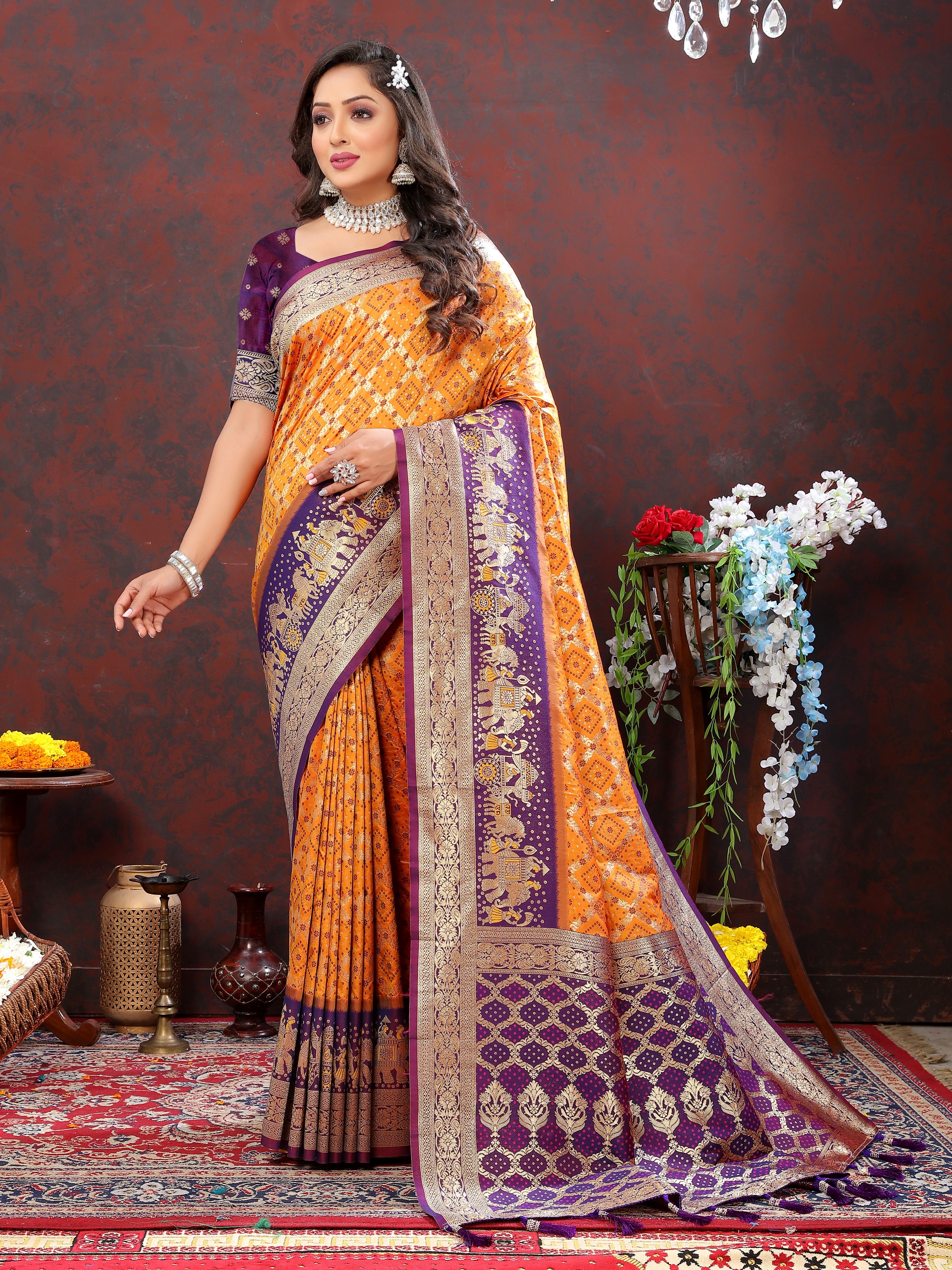 Yavira silk Women's Orange Handwoven Silk Saree view 2