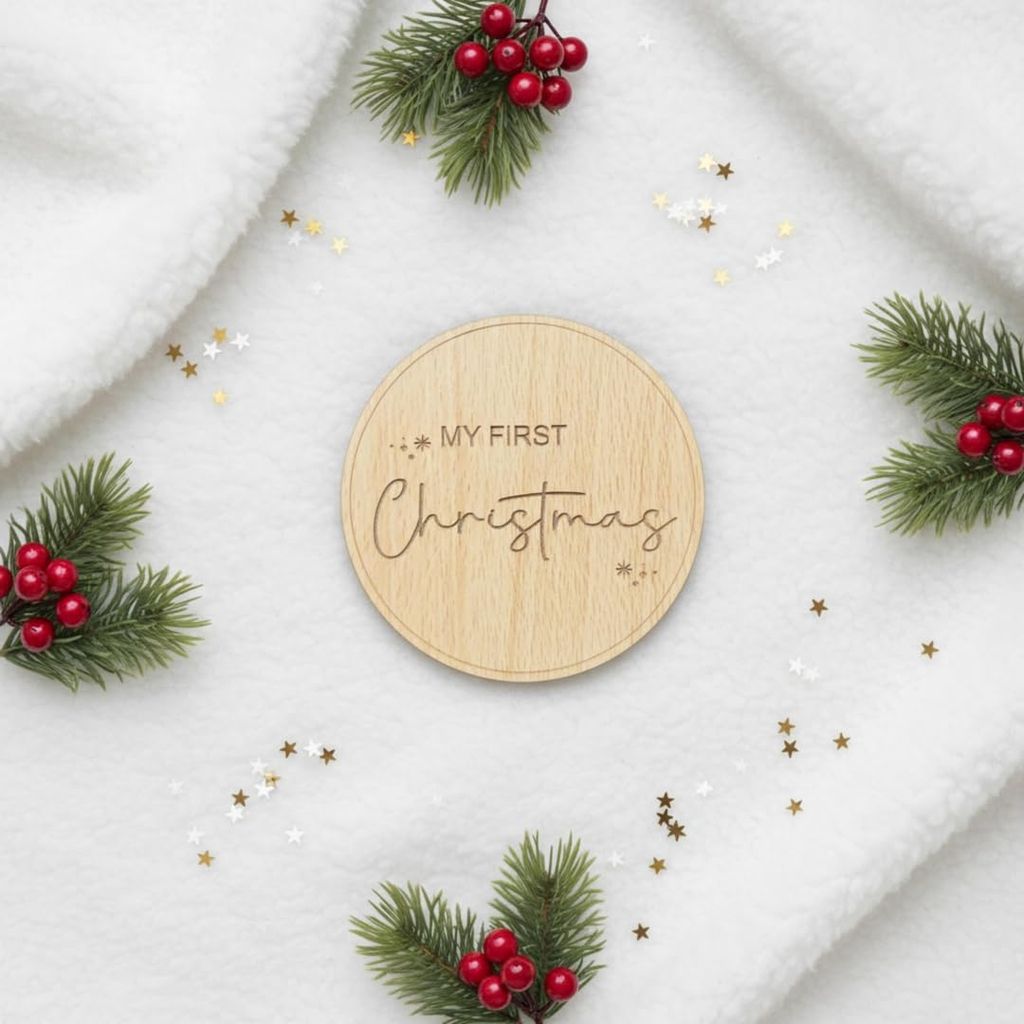 The Baby First Box Baby's First Christmas Wooden Sign, Milestone Photo Prop, Laser-Engraved MDF Keepsake, Includes Stand, Brown, 5 Inches view 2