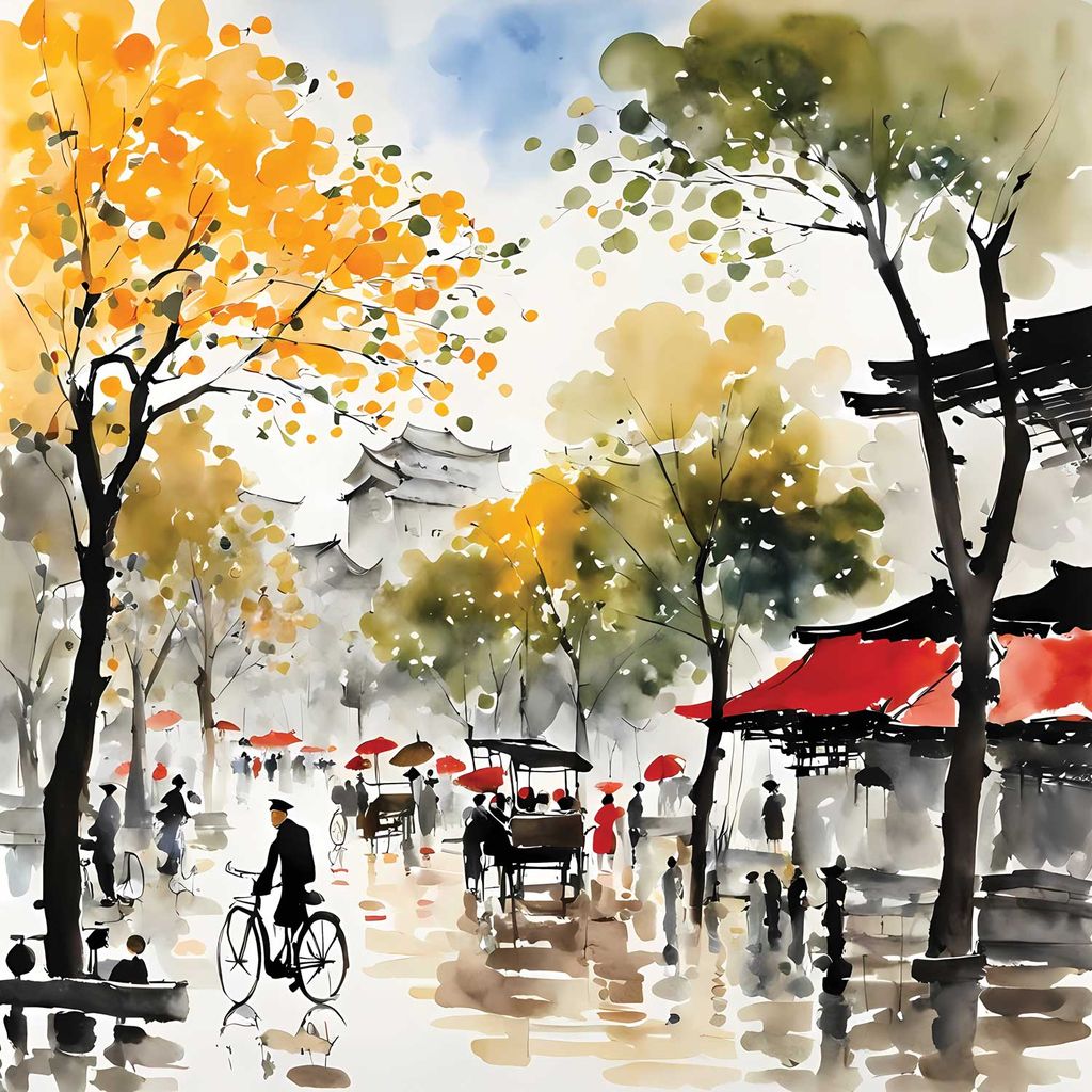 OUTDOOR VILLAGE PAINTINGS 24in X 24in WITH BLACK FRAME view 2