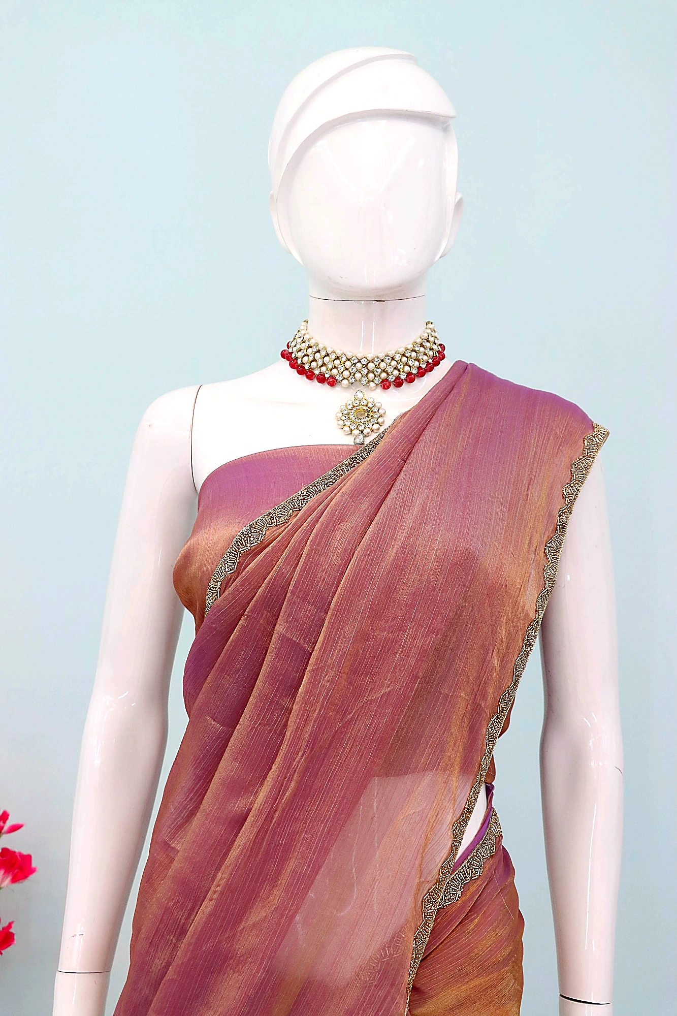 Fendi Saree With Hand Worked Lace Border (Color - Red) by SHIV TEXTILES view 2