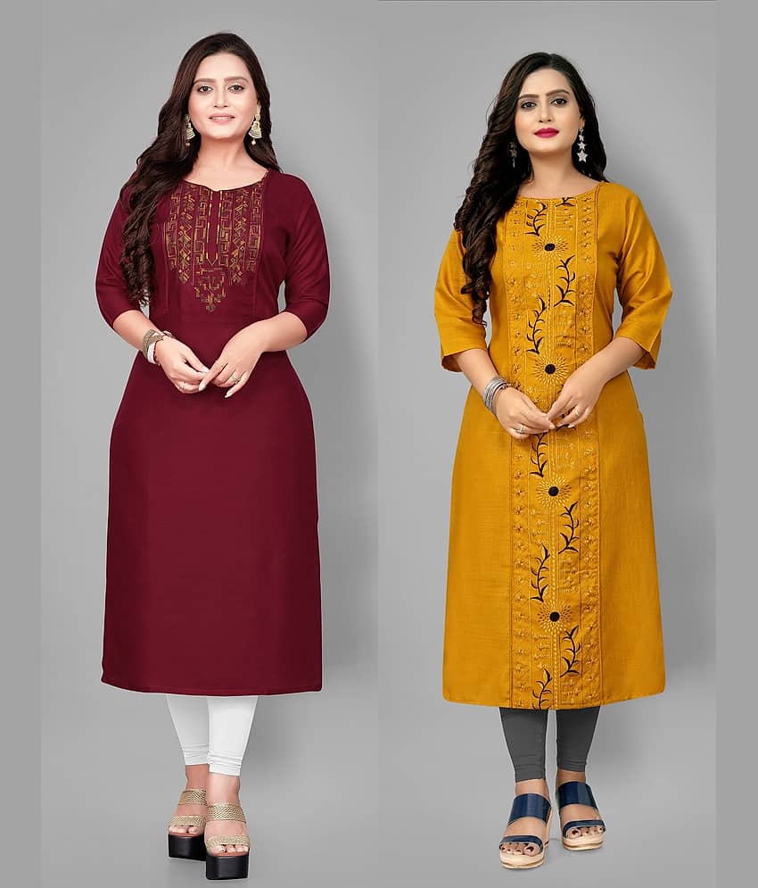 RIAANA Women Cotton Embroidered Straight Kurti ( Black )