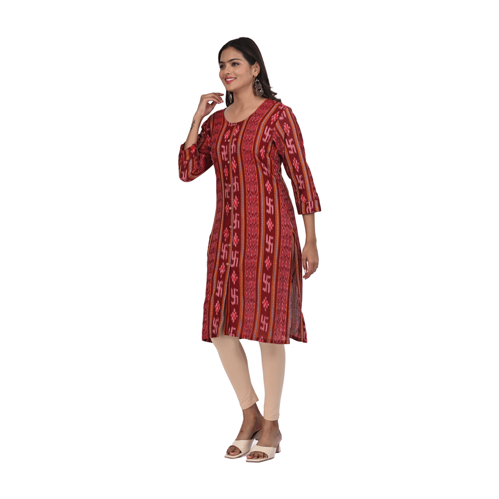 GHL GUENDICHA HAAT Sambalpuri Certified Handloom Women's Pure Cotton Round Neck Front Slit Kurta view 2